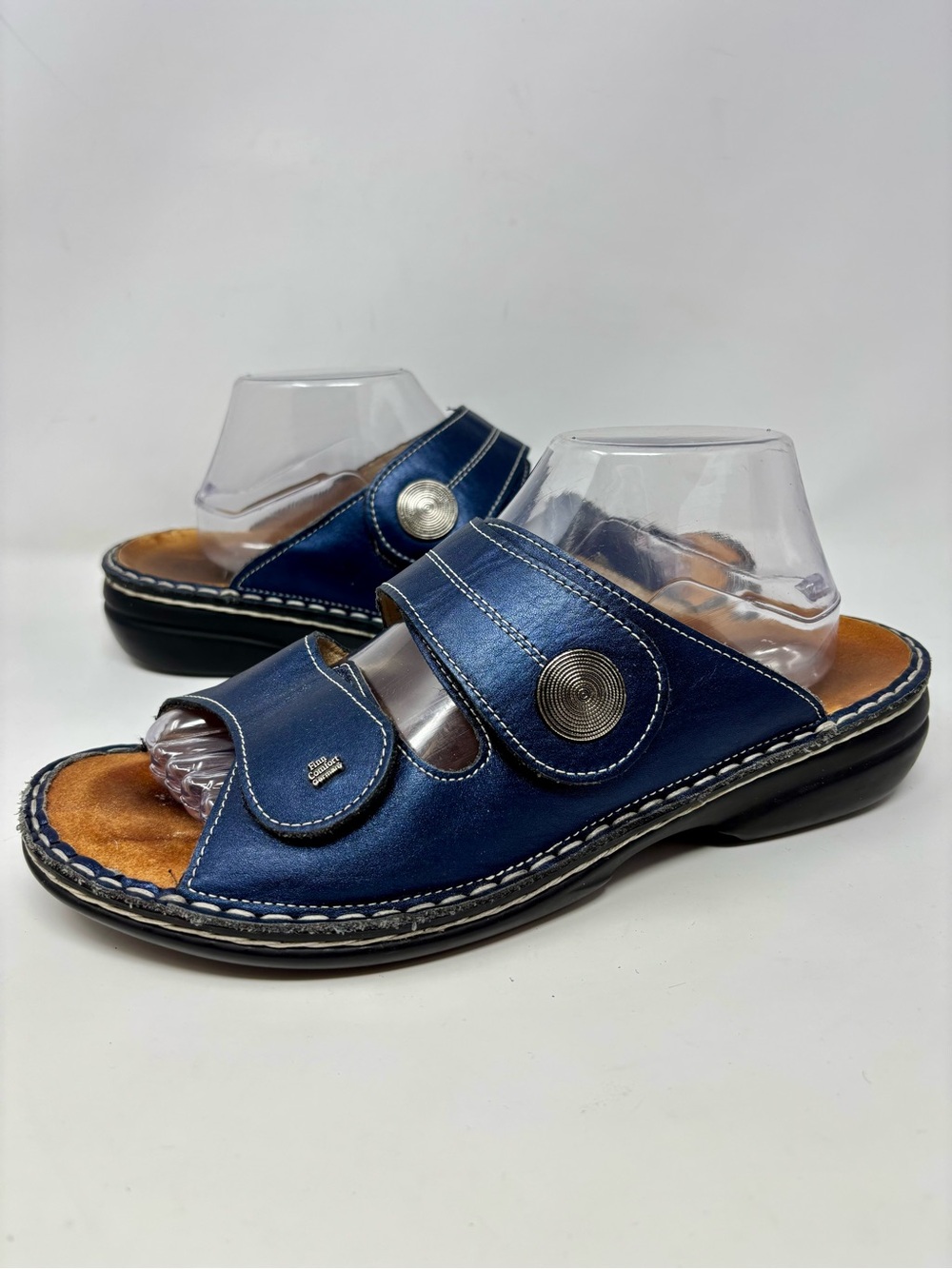 Finn Comfort Navy Blue Jamaika Leather Double Strap Sandals Womens EU 42 US 10.5